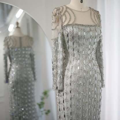 Luxury Sage Green Dubai Evening Dresses Mermaid Muslim Long Sleeves 