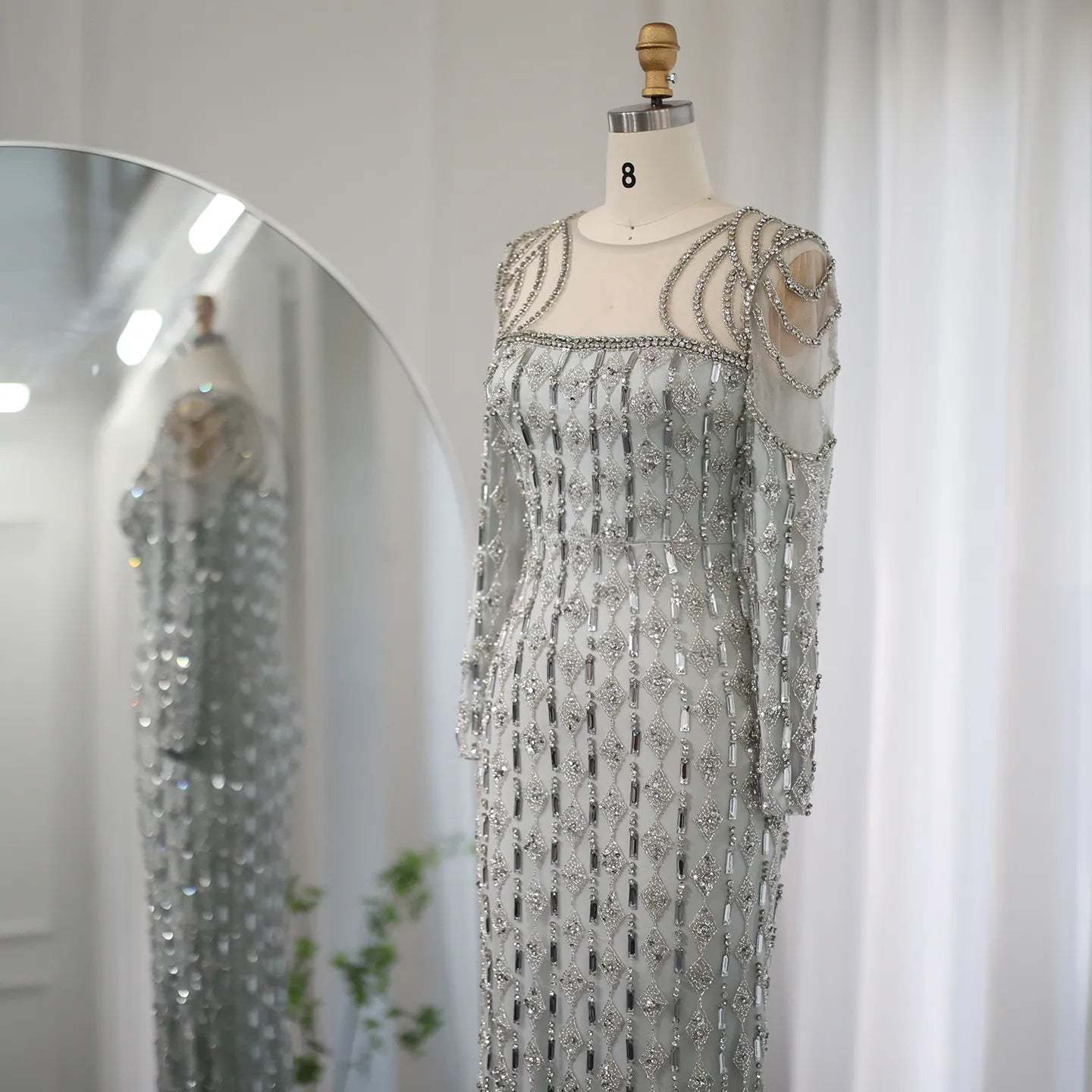 Luxury Sage Green Dubai Evening Dresses Mermaid Muslim Long Sleeves 