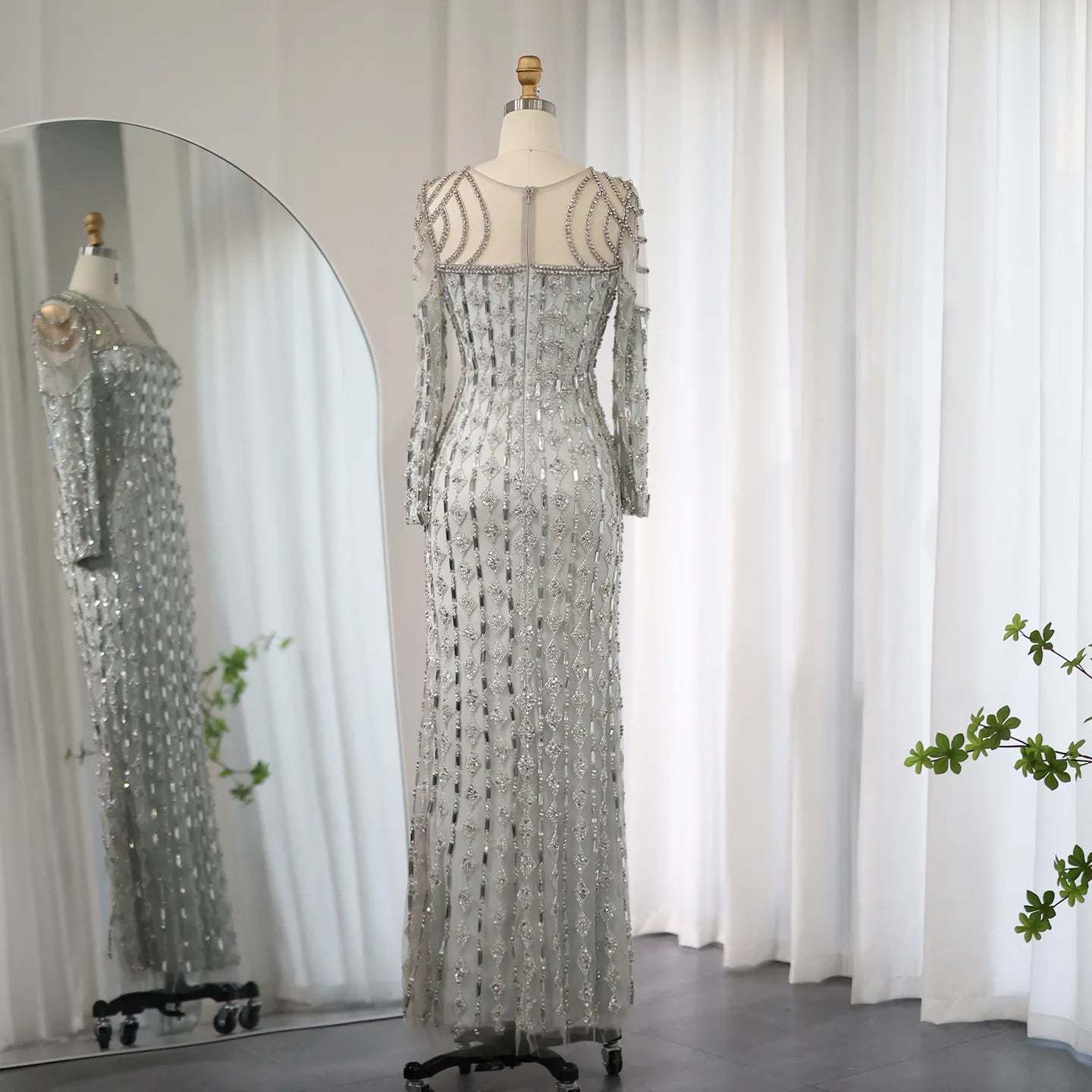 Luxury Sage Green Dubai Evening Dresses Mermaid Muslim Long Sleeves 