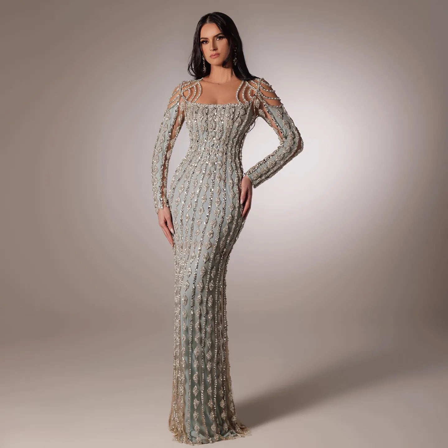 Luxury Sage Green Dubai Evening Dresses Mermaid Muslim Long Sleeves 