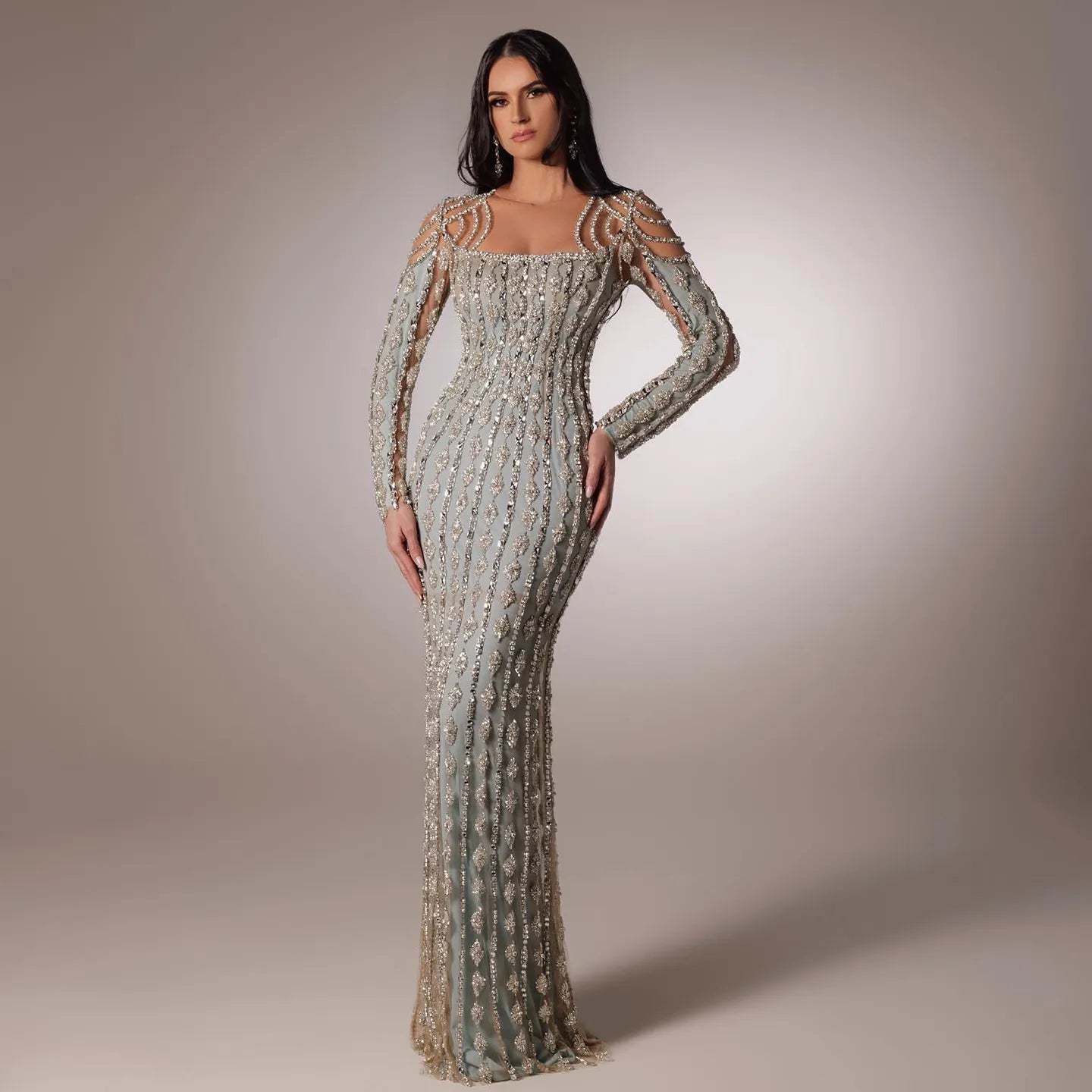 Luxury Sage Green Dubai Evening Dresses Mermaid Muslim Long Sleeves 