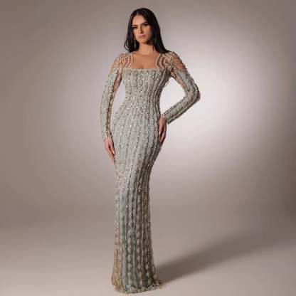 Luxury Sage Green Dubai Evening Dresses Mermaid Muslim Long Sleeves 