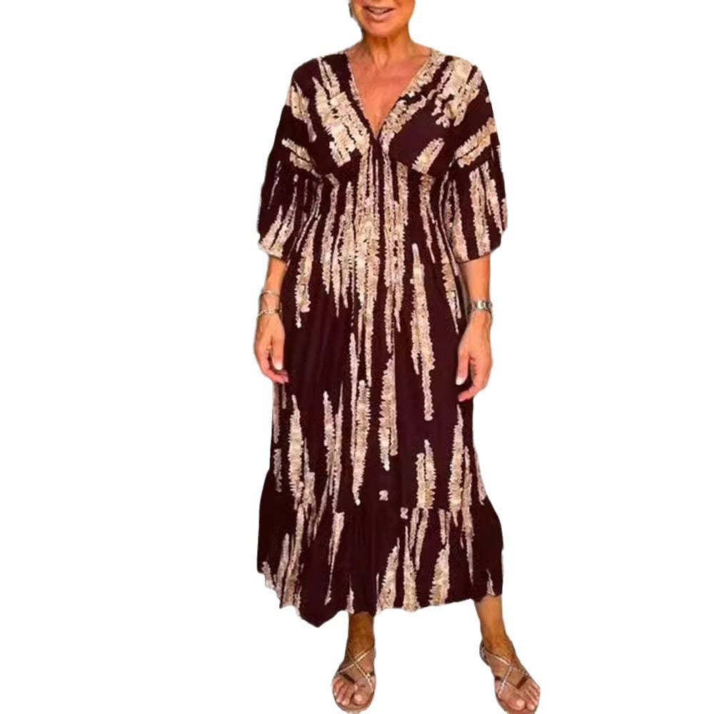 Ruocoo - V-neck tie-dye print dress