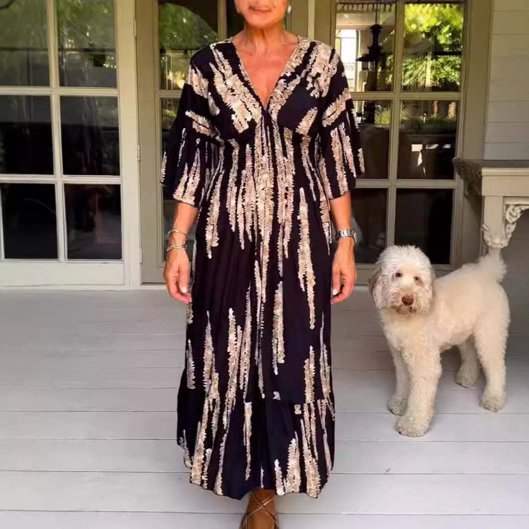 Ruocoo - V-neck tie-dye print dress