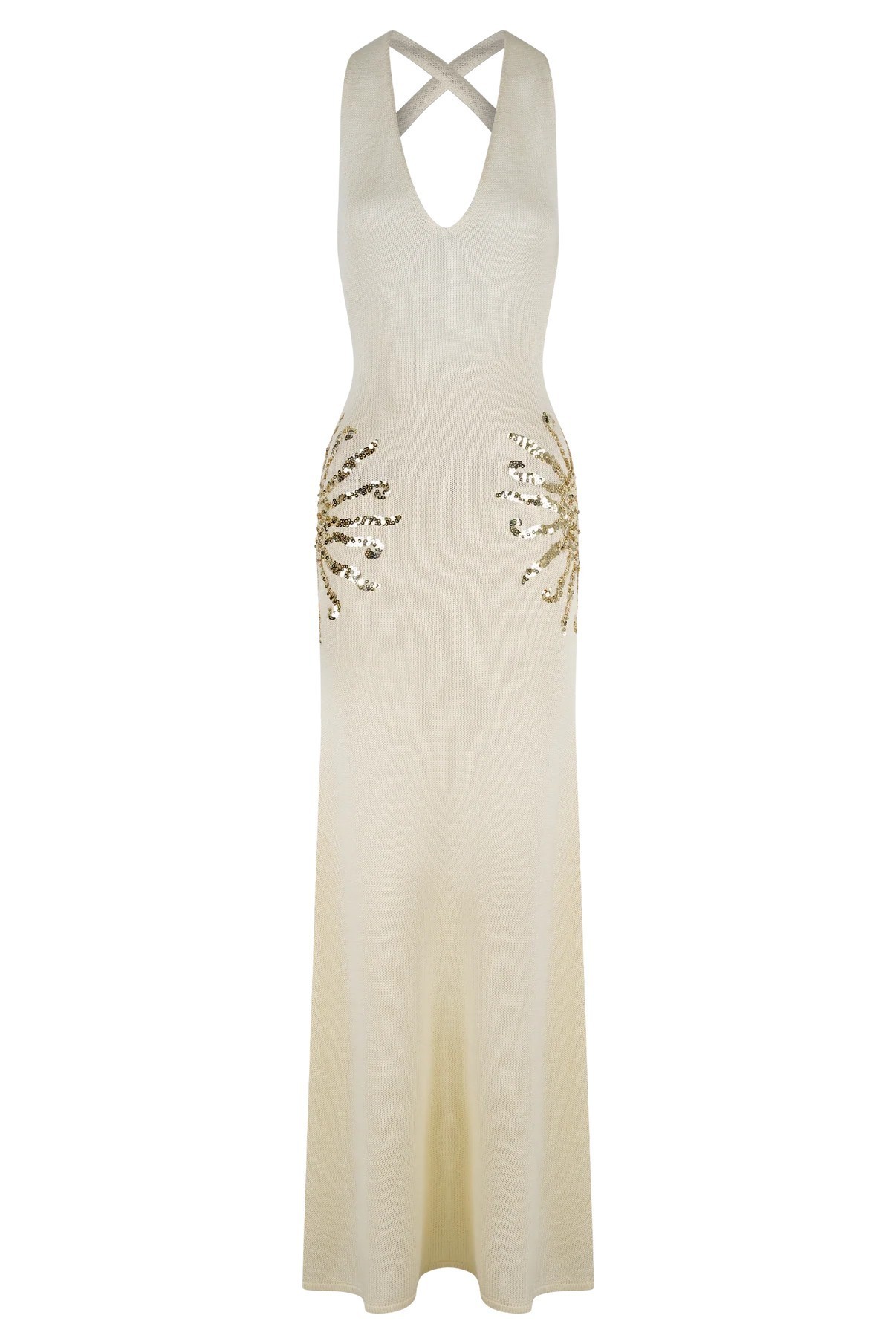 Sparkling Nights Knit Sunburst Sequin Detail Back Cross Straps Stretch Maxi Dress