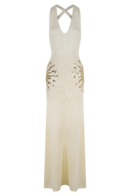Sparkling Nights Knit Sunburst Sequin Detail Back Cross Straps Stretch Maxi Dress
