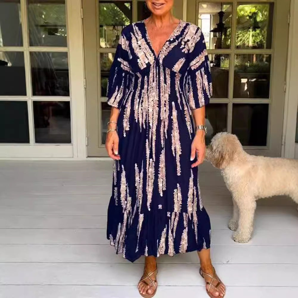 Ruocoo - V-neck tie-dye print dress