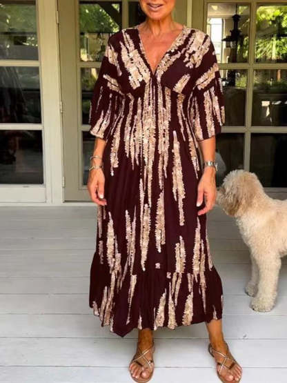 Ruocoo - V-neck tie-dye print dress