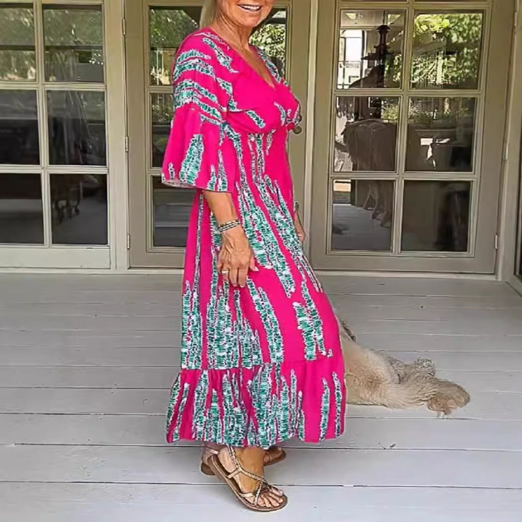 Ruocoo - V-neck tie-dye print dress