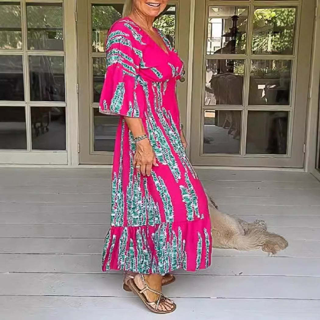Ruocoo - V-neck tie-dye print dress