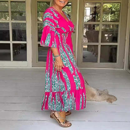 Ruocoo - V-neck tie-dye print dress