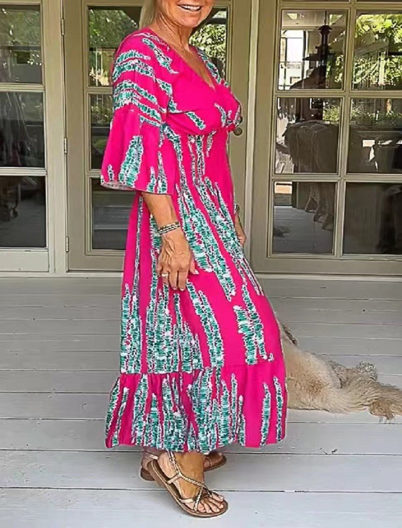 Ruocoo - V-neck tie-dye print dress