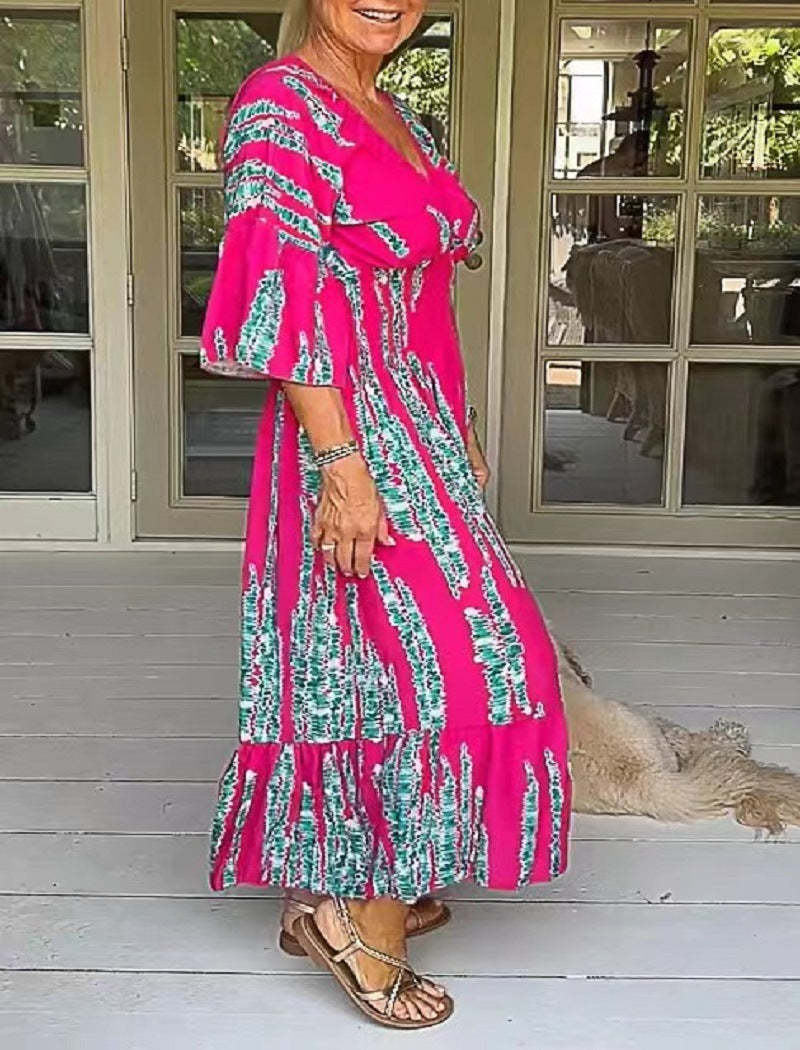 Ruocoo - V-neck tie-dye print dress