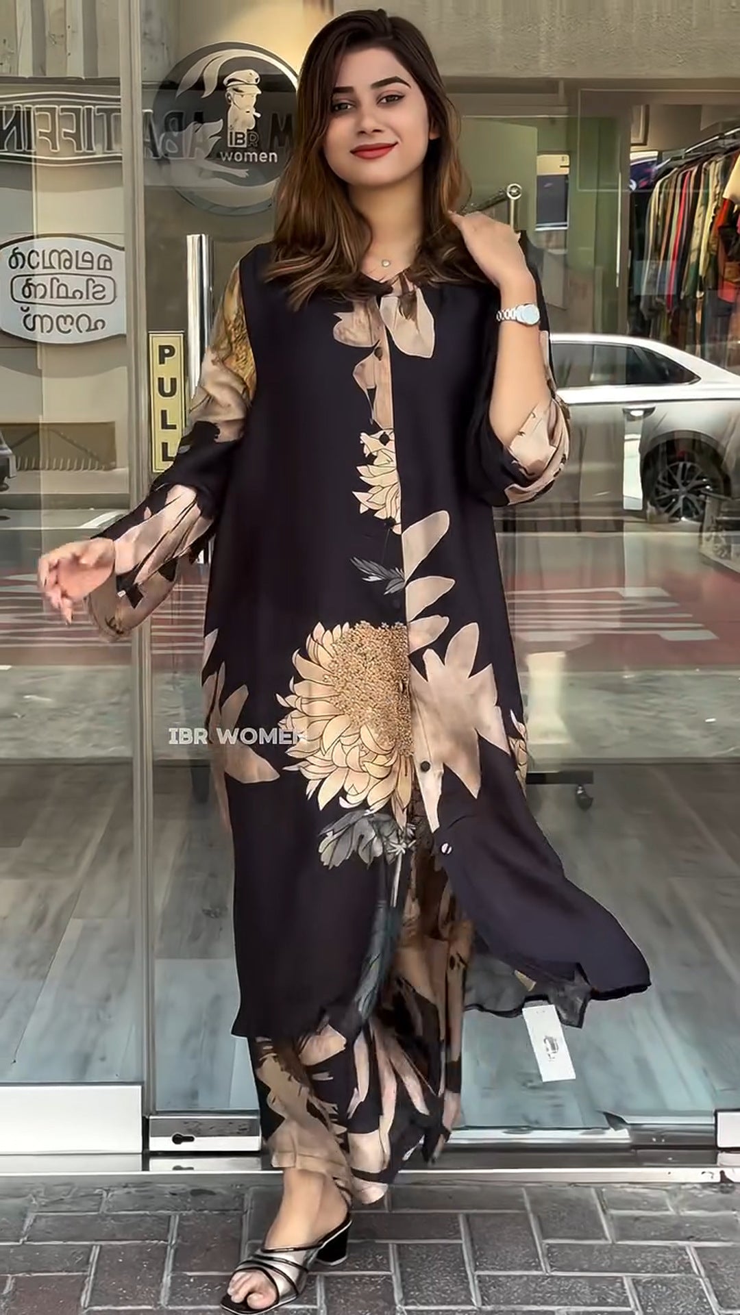 Women's lapel button-down printed shirt long coat and pants set