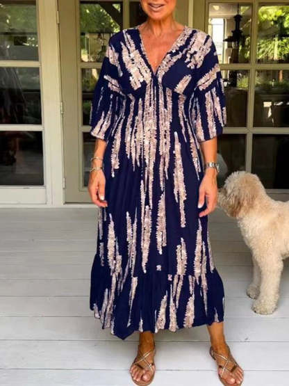 Ruocoo - V-neck tie-dye print dress