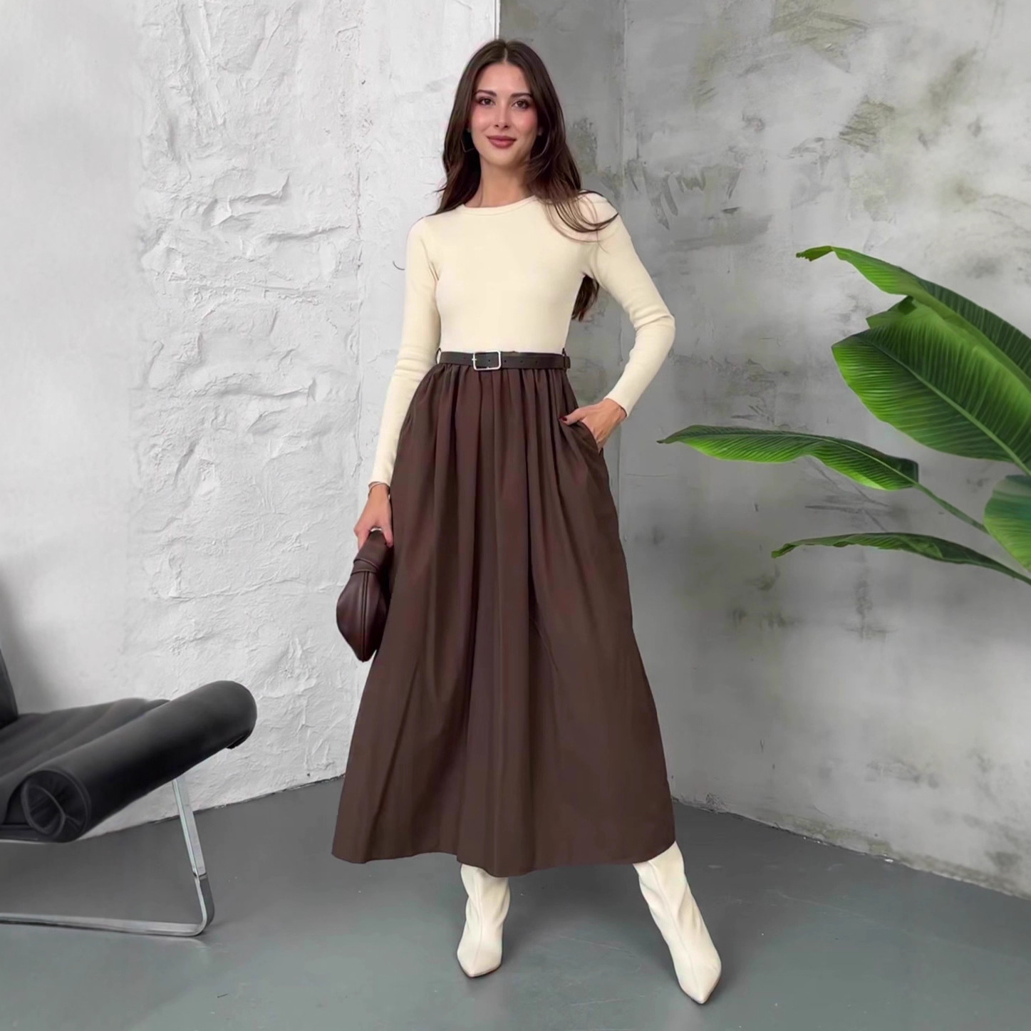 Women's solid color round neck long sleeve elegant high waist swing dress