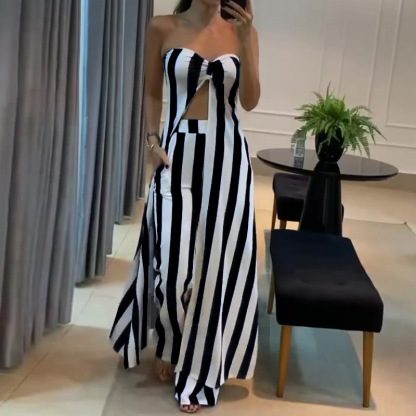 Sexy Striped Pocket Slit Strapless Sleeveless Two Pieces