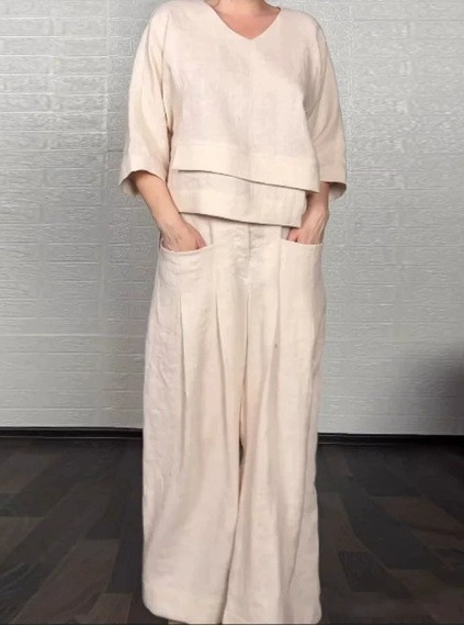 Women's Linen Asymmetric Top and Pats Sets