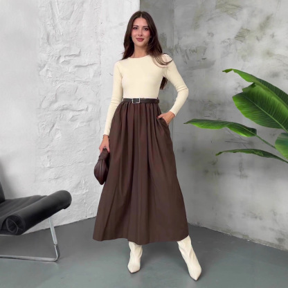 Women's solid color round neck long sleeve elegant high waist swing dress