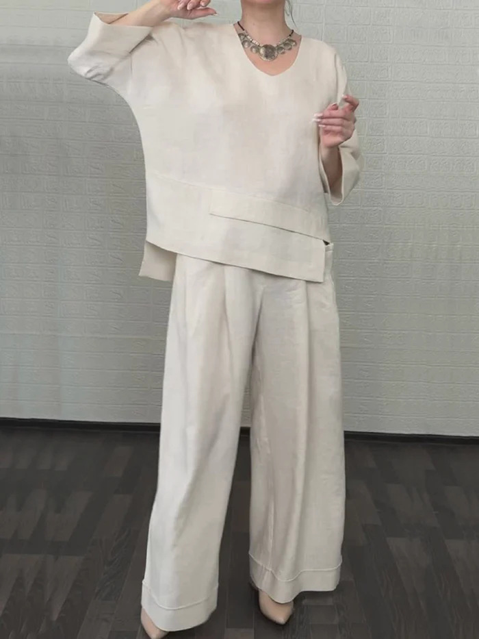 Women's Linen Asymmetric Top and Pats Sets