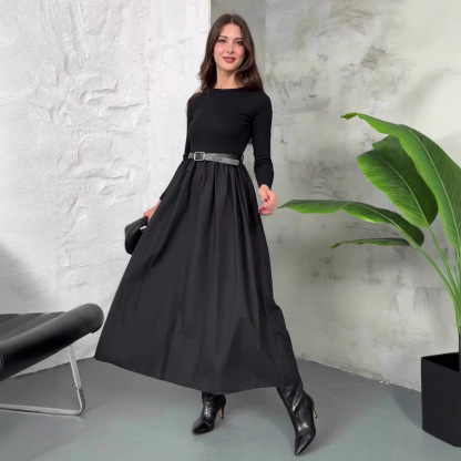 Women's solid color round neck long sleeve elegant high waist swing dress