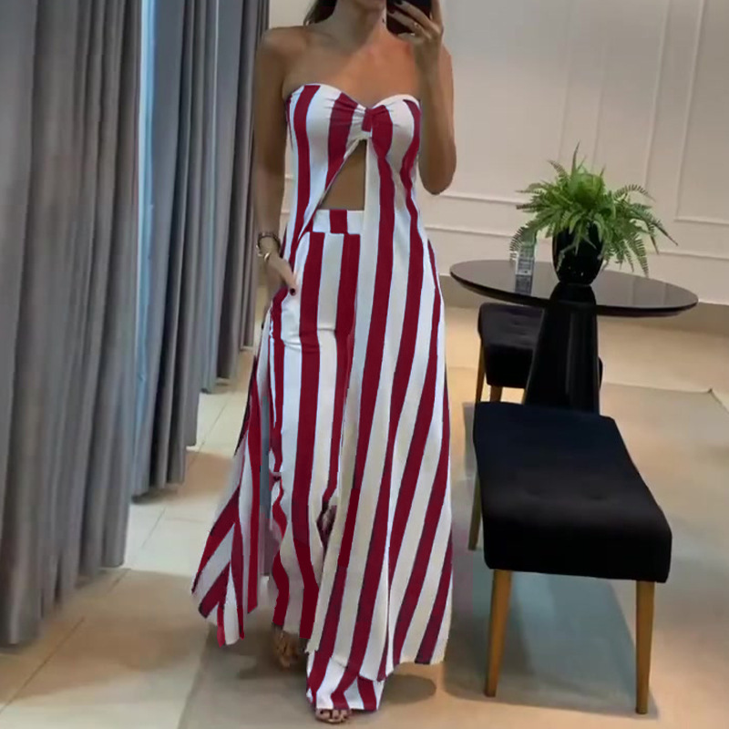 Sexy Striped Pocket Slit Strapless Sleeveless Two Pieces