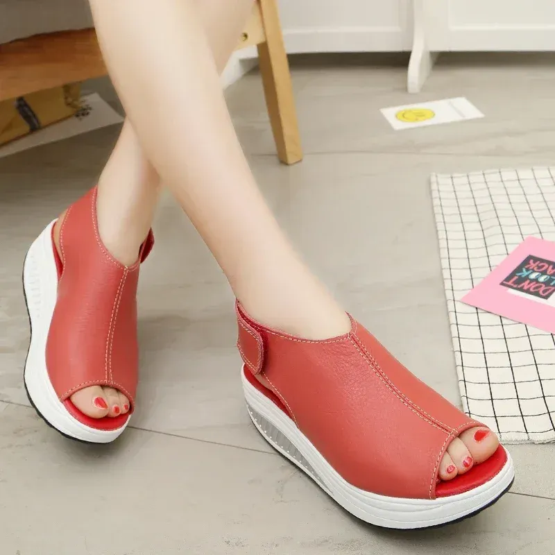 Eco-Friendly Leather Platform Wedge Peep Toe Sandals