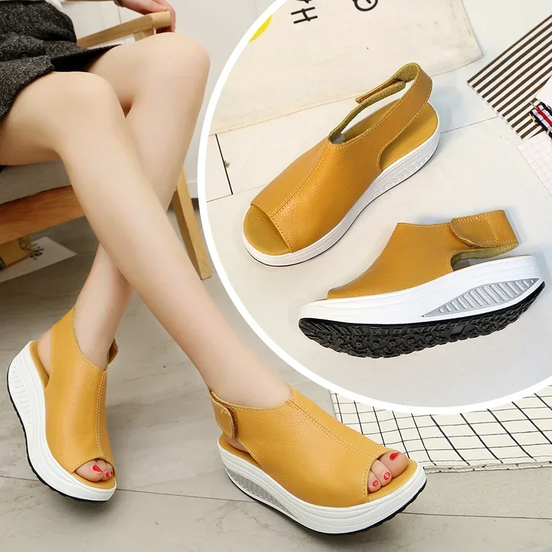 Eco-Friendly Leather Platform Wedge Peep Toe Sandals