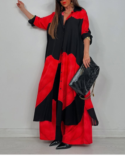 Women's V-neck Patchwork Printed Top and Pants Commuting Casual Suit