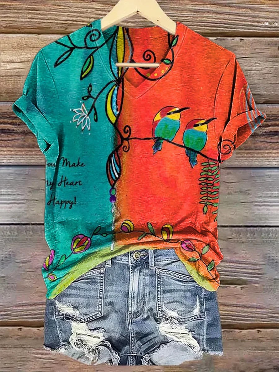 Women's Vintage Floral Bird Art Print Casual Cotton Shirt