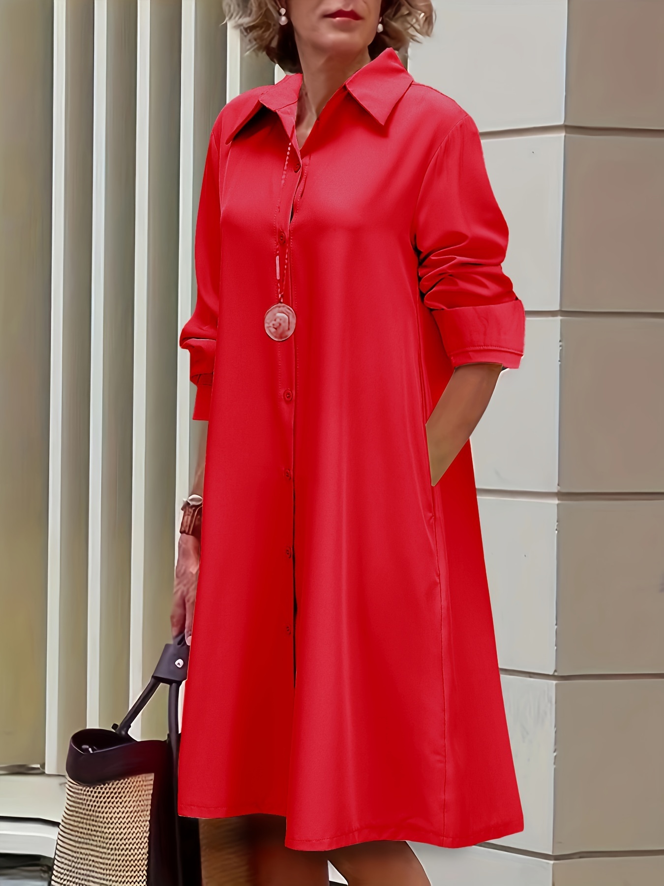Plus Size Casual Dress, Women's Plus Solid Button Up Long Sleeve Turn Down Collar Shirt Dress  🔥Buy 2 get 10% OFF