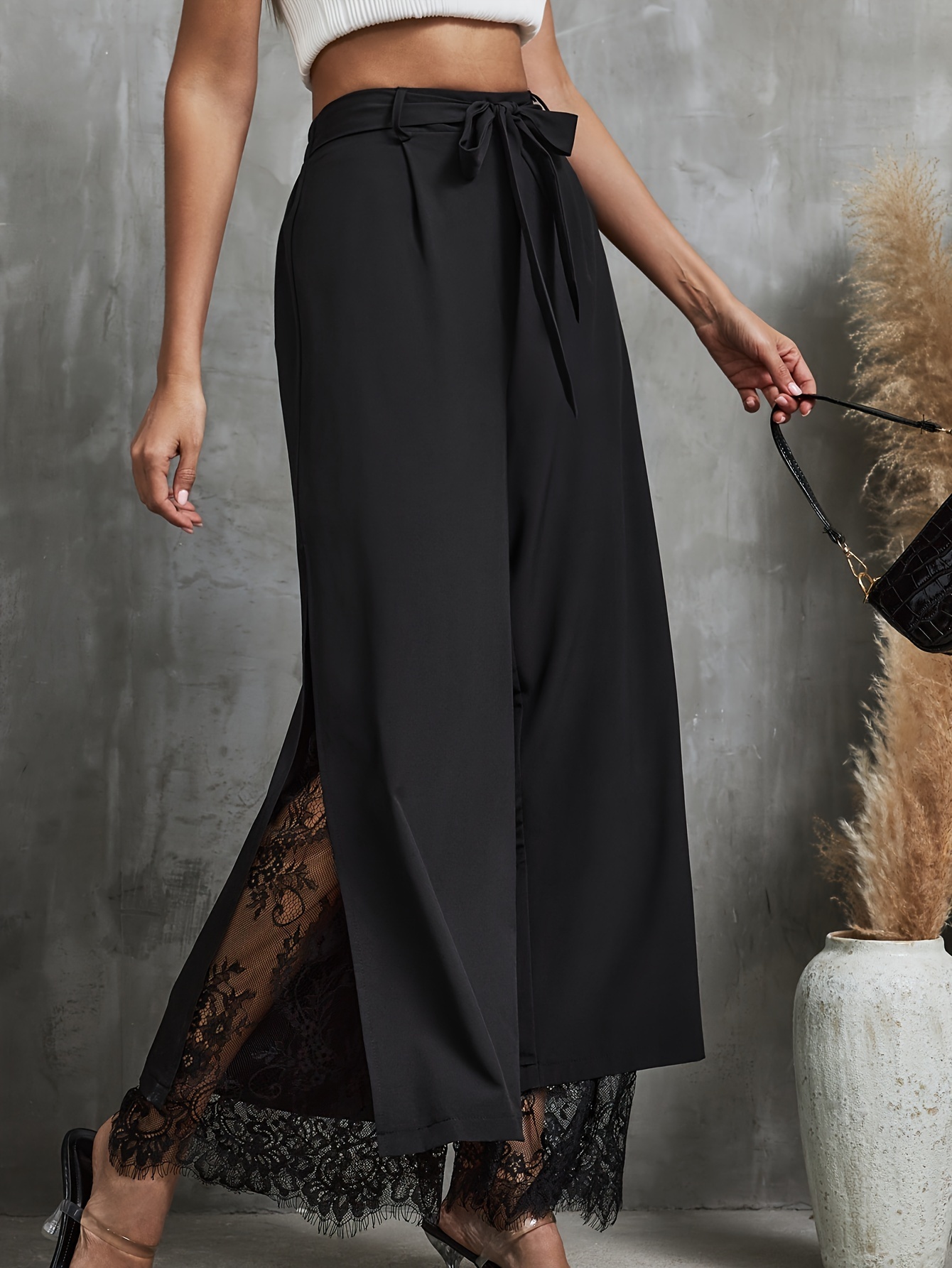 Elegant Wide-Leg Palazzo Pants for Women - Lace Trim, Elastic Waist, Easy Care, Perfect for Spring