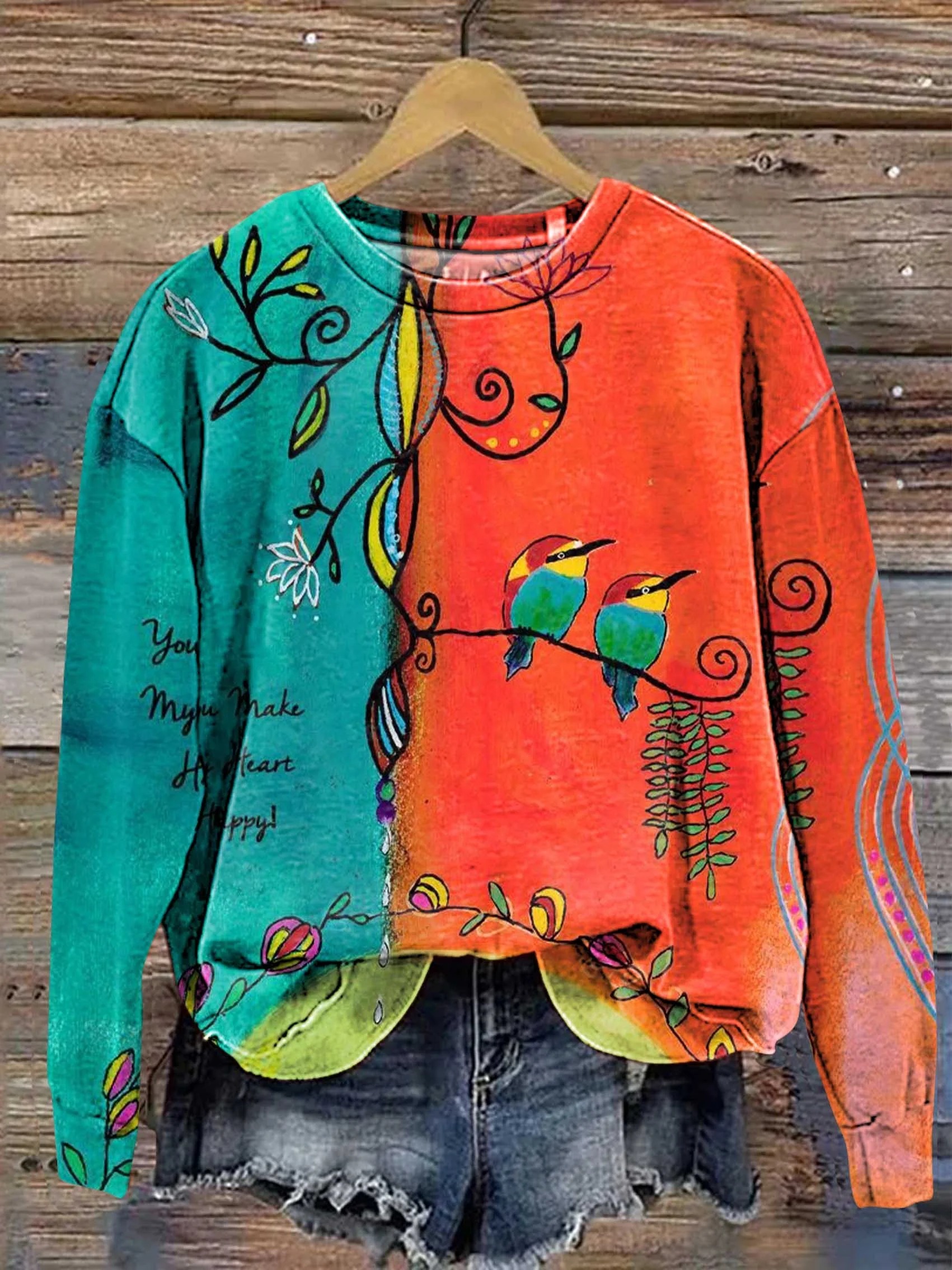 Women's Vintage Floral Bird Art Print Casual Cotton Shirt