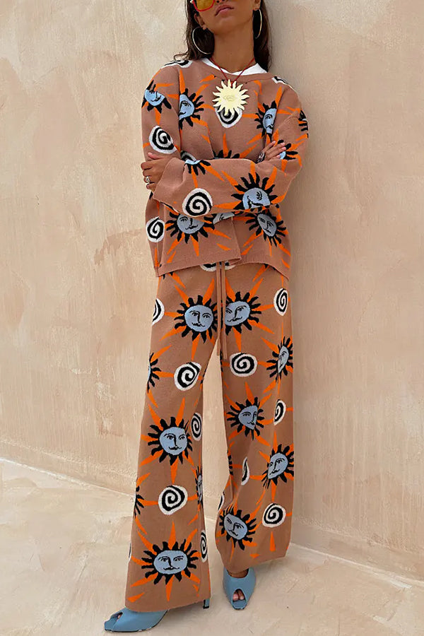 Mediterranean Art Knit Unique Sun Vortex Print Long Sleeve Relaxed Sweater