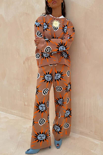 Mediterranean Art Knit Unique Sun Vortex Print Long Sleeve Relaxed Sweater