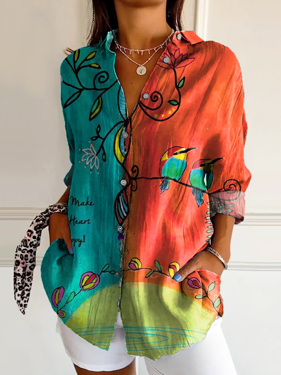 Women's Vintage Floral Bird Art Print Casual Cotton Shirt