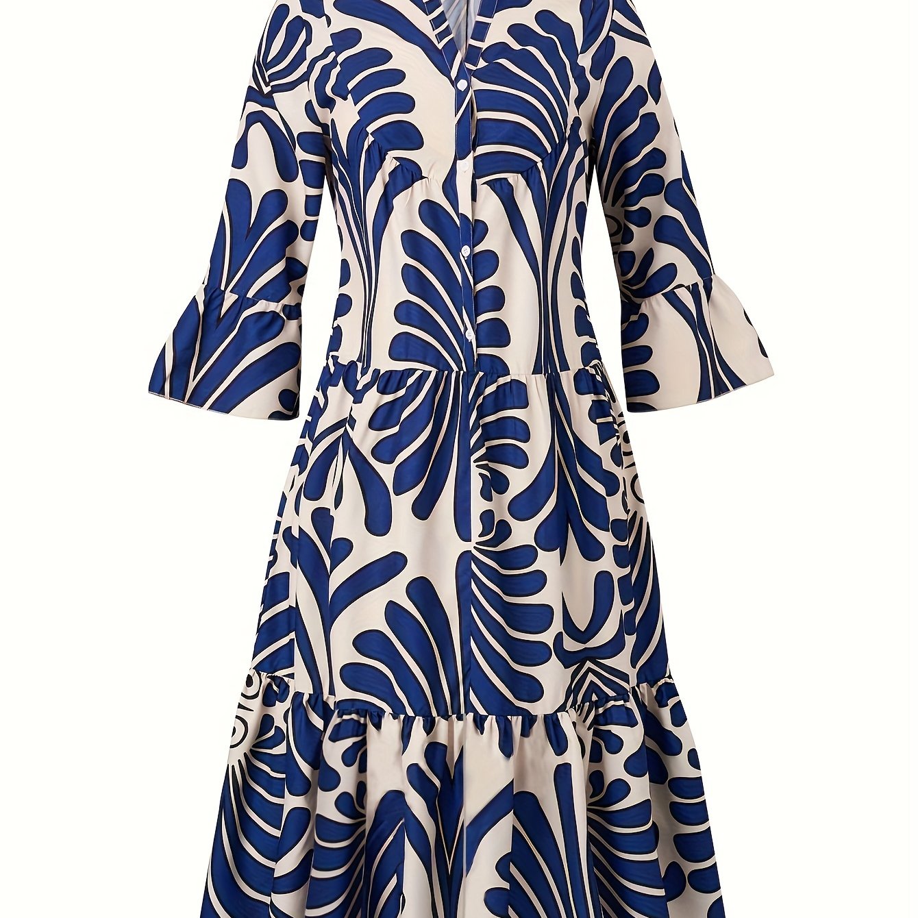 Plus Size Elegant Dress, Women's Plus Allover Print Bell Sleeve Button Up Mock Neck Maxi Smock Dress