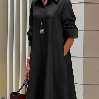Plus Size Casual Dress, Women's Plus Solid Button Up Long Sleeve Turn Down Collar Shirt Dress  🔥Buy 2 get 10% OFF