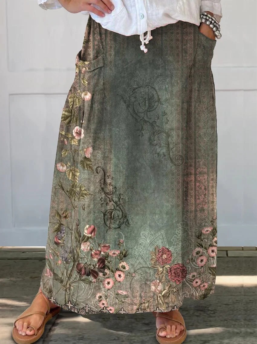 Women's Retro Ethnic Flowers Print V-neck Casual T-Shirt