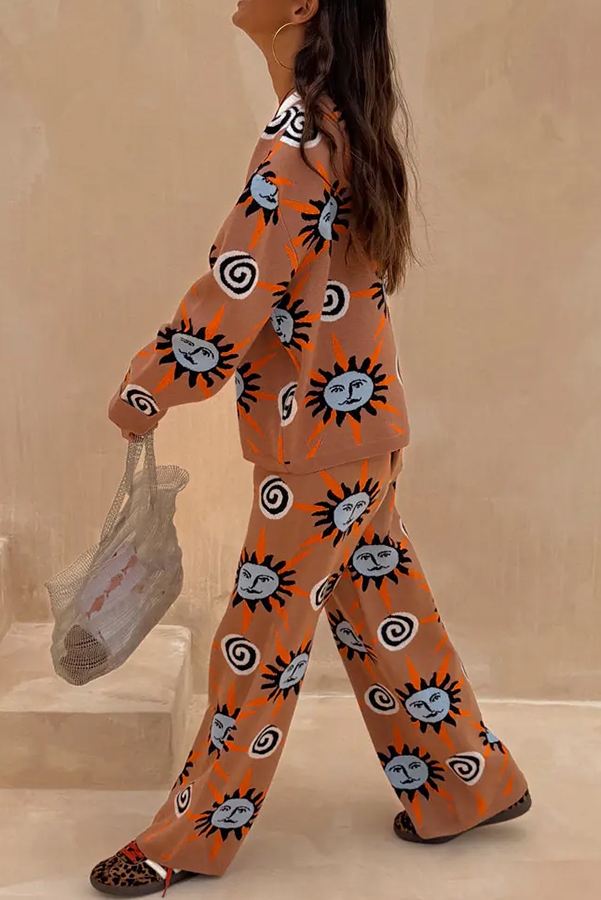 Mediterranean Art Knit Unique Sun Vortex Print Elastic Waist Wide Leg Pants