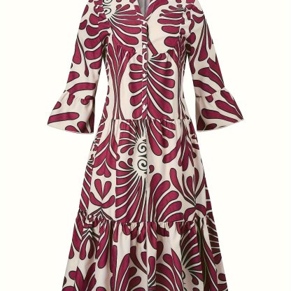 Plus Size Elegant Dress, Women's Plus Allover Print Bell Sleeve Button Up Mock Neck Maxi Smock Dress
