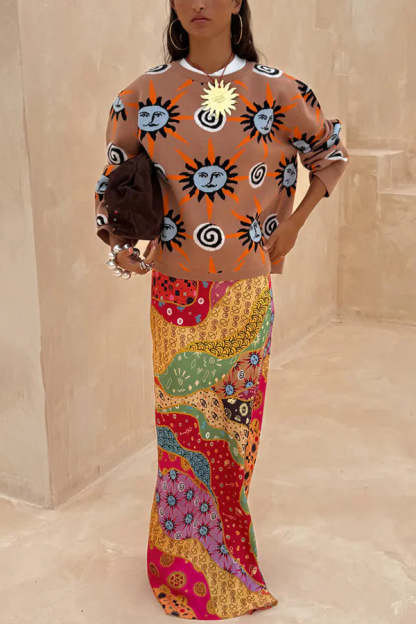 Mediterranean Art Knit Unique Sun Vortex Print Long Sleeve Relaxed Sweater
