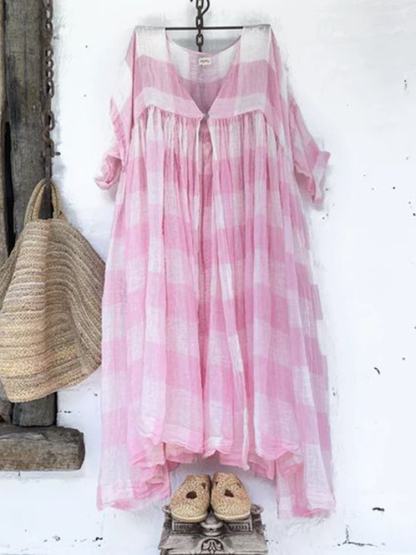 Vintage Plaid Printed Short Sleeve Midi Dress