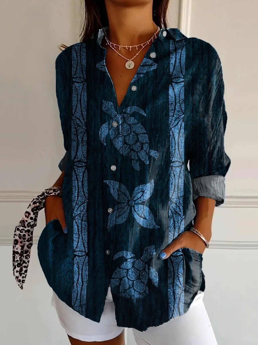 Women's Vintage Floral Bird Art Print Casual Cotton Shirt