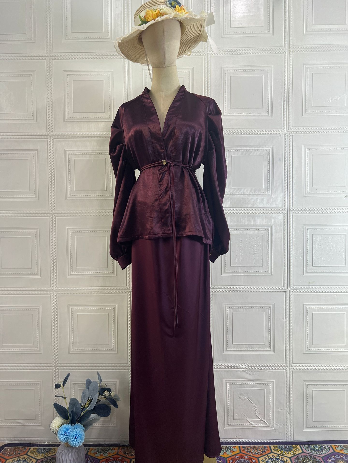 V-Neck Cardigan & High-Waist Skirt 2-Piece Set