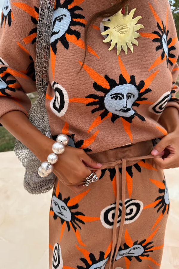 Mediterranean Art Knit Unique Sun Vortex Print Elastic Waist Wide Leg Pants