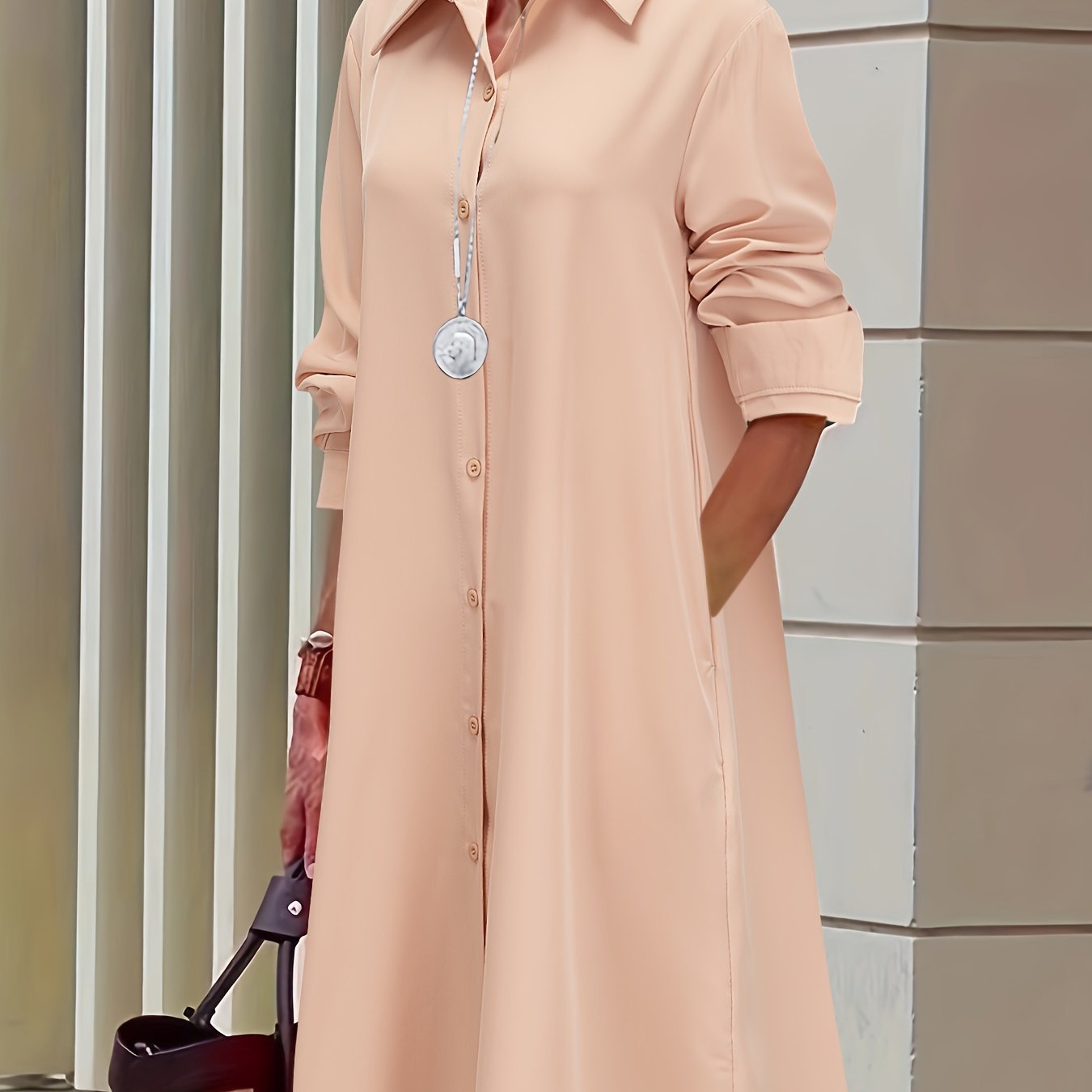 Plus Size Casual Dress, Women's Plus Solid Button Up Long Sleeve Turn 