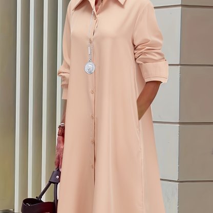 Plus Size Casual Dress, Women's Plus Solid Button Up Long Sleeve Turn Down Collar Shirt Dress  🔥Buy 2 get 10% OFF