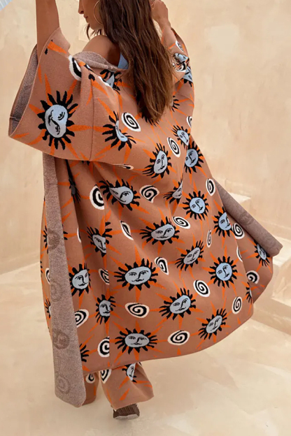Mediterranean Art Knit Unique Sun Vortex Print Bell Sleeve Long Cardigan