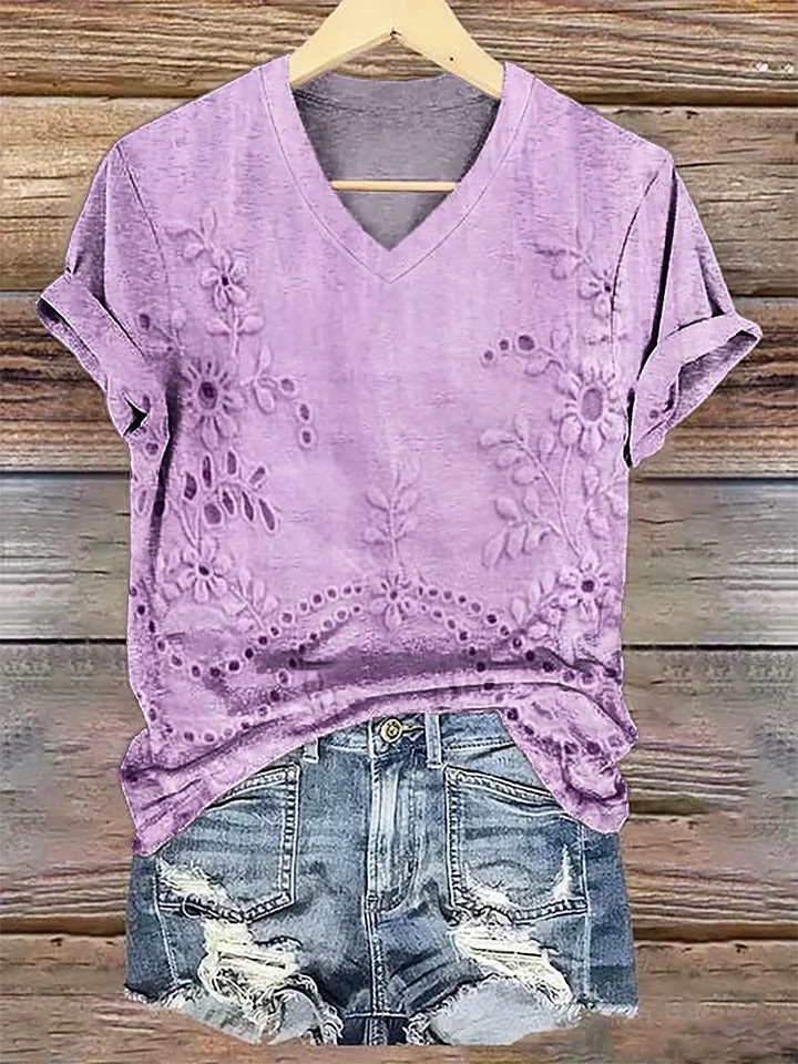 Women's Vintage Floral Texture Patterns Print V-neck Casual T-Shirt